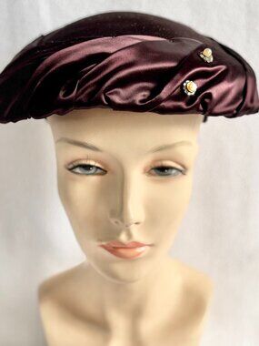 Vintage 1950s Brown Satin Structured Brimless Hat with Rhinestone Pins
